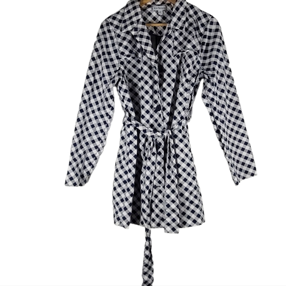 Kim Rogers‎ Navy /White Gingham Trench Coat Sz Medium